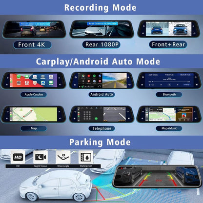 10 Inch Dash Cam 4K Car DVR With Carplay Android Auto GPS 5G WiFi AUX Streaming Rear View Mirror Re 4