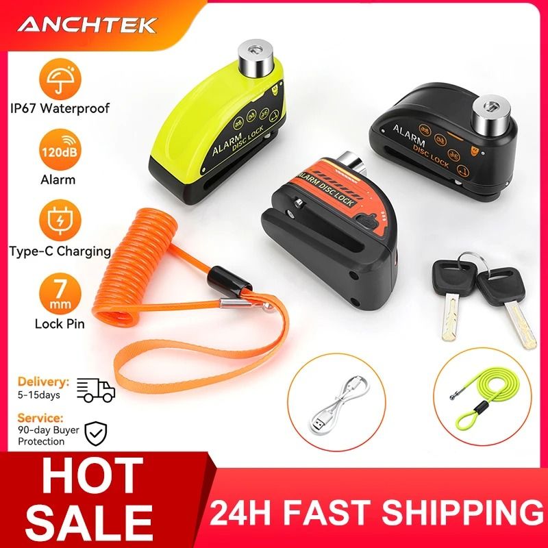Anchtek Motorcycle Disc Lock Alarm USB Rechargeable 120db Anti Theft Security Lock