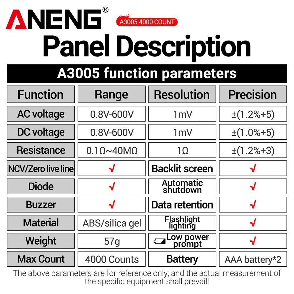 ANENG A3005 Digital Pen Multimeter 4000 Counts Non Contact Auto Voltage Ohm Diode Tester 3