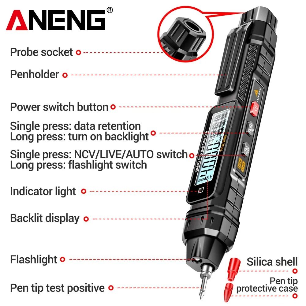 ANENG A3005 Digital Pen Multimeter 4000 Counts Non Contact Auto Voltage Ohm Diode Tester 4