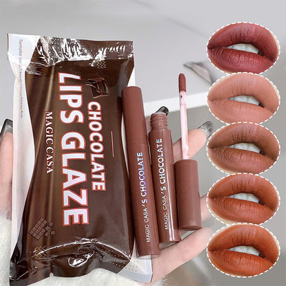 Chocolate Five Lip Glaze Set, Mist Matte Lipstick Collection for Girls, Students, Creamy Hydrating, Long Lasting