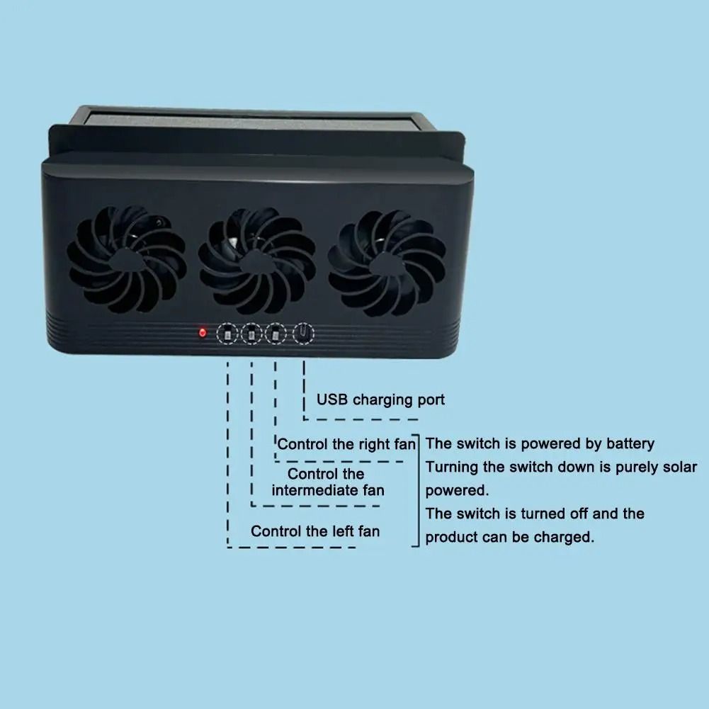 Solar Powered Car Cooling Fan With Three Ventilation Outlets For Interior Ventilation 5