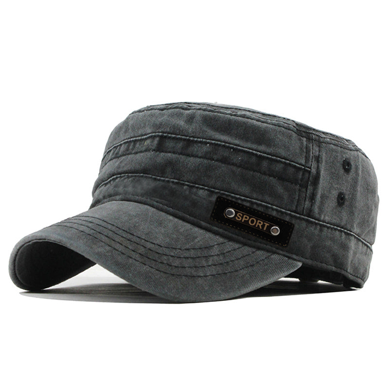 Mens Flat Top Military Cap Cotton Sun Proof Hat for Spring Summer Autumn, Washable Army Style Outdoor Baseball Cap