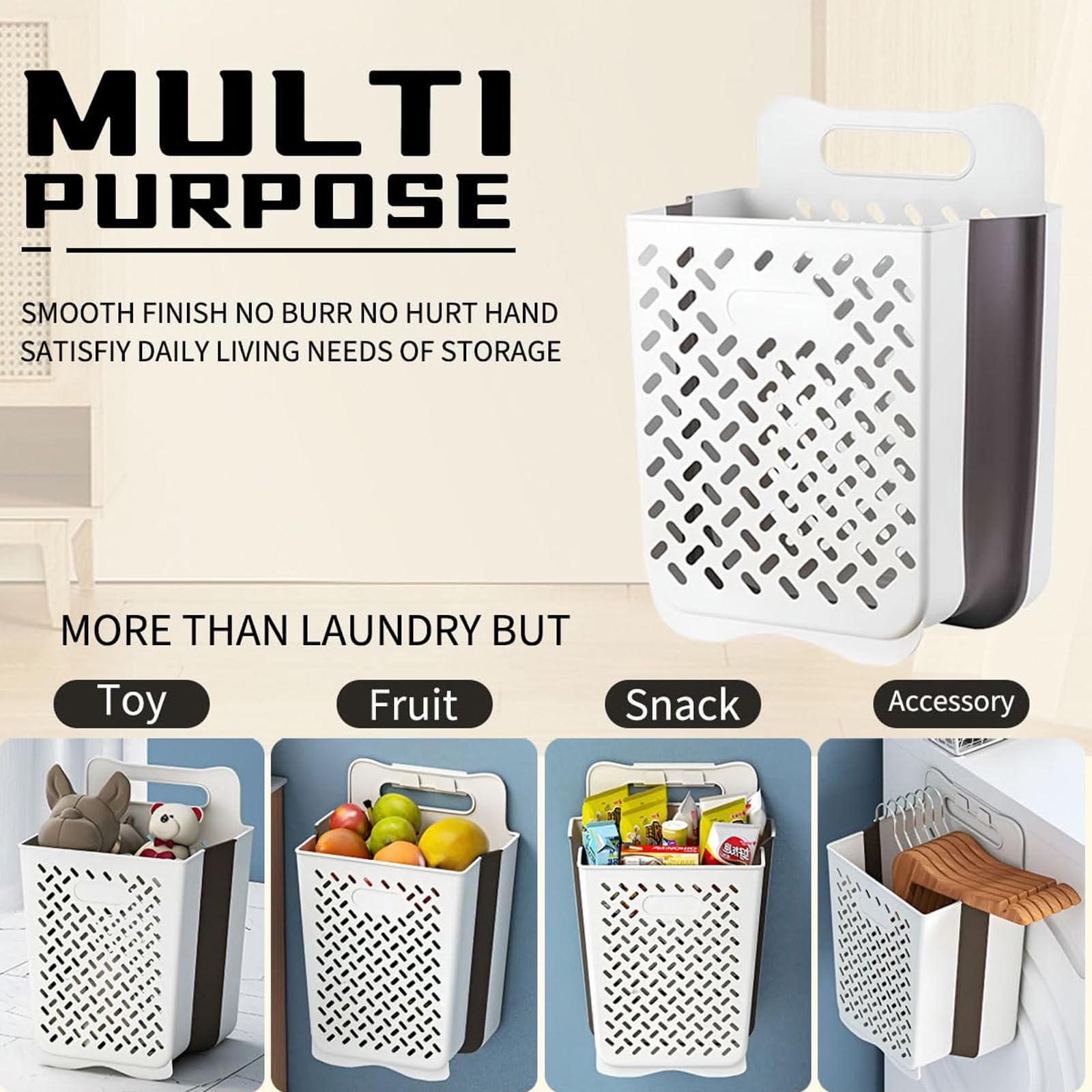 Large Folding Storage Basket, Wall-Mounted & Portable Hamper with Removable Liner Bag, Space-Saving Fabric Laundry