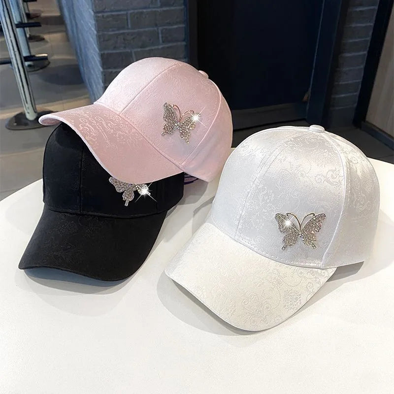 Ladies Versatile Summer Cap, Rhinestone Butterfly Sun Hat, Fashion Sweat Absorbing Baseball Cap