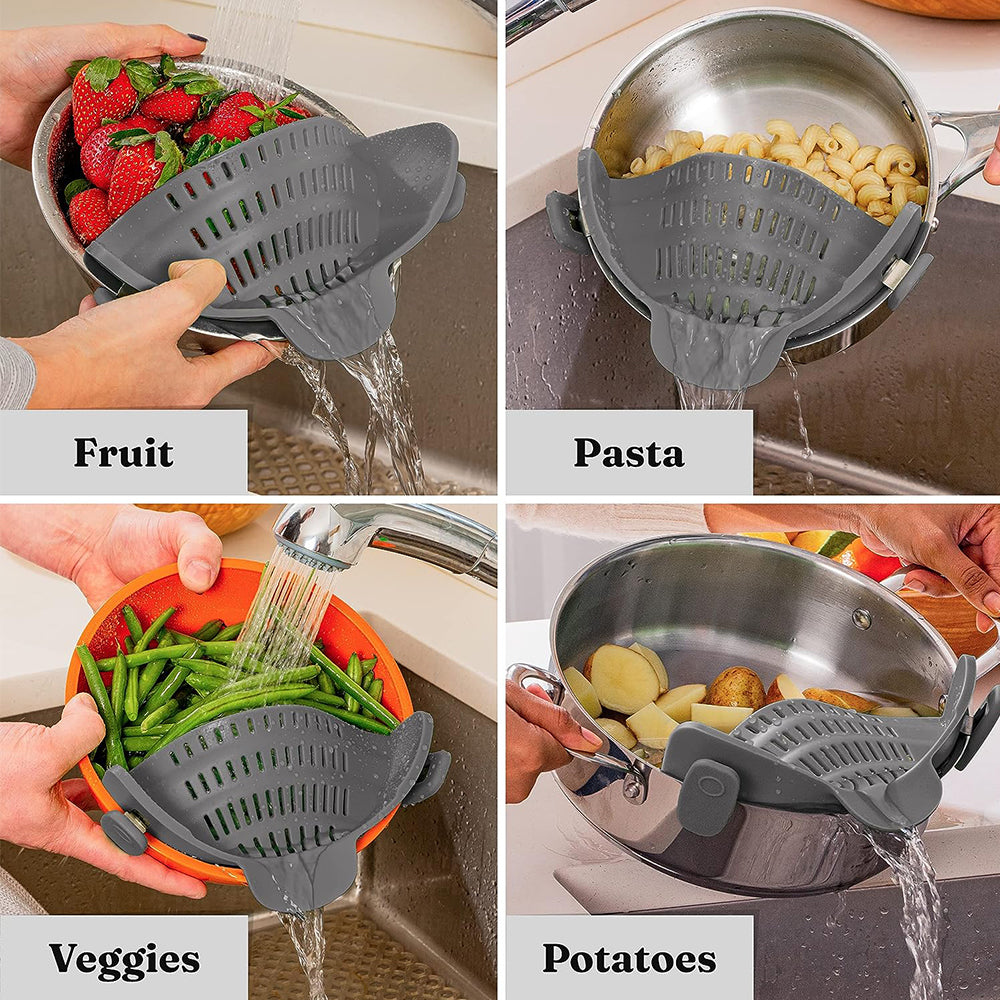 Clip On Silicone Strainer for Pots and Pans, Kitchen Drain Rack for Pasta, Noodles, Vegetables, Fruits, Colander Tool
