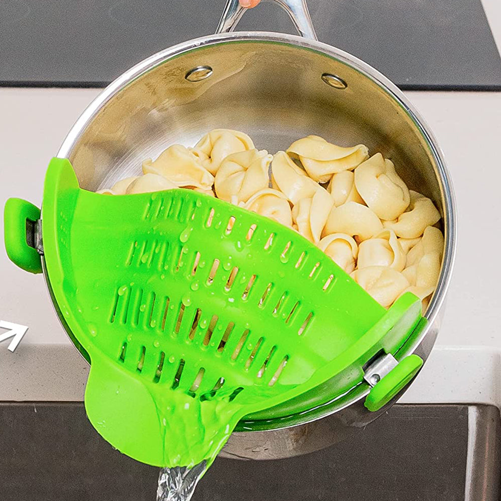 Clip On Silicone Strainer for Pots and Pans, Kitchen Drain Rack for Pasta, Noodles, Vegetables, Fruits, Colander Tool