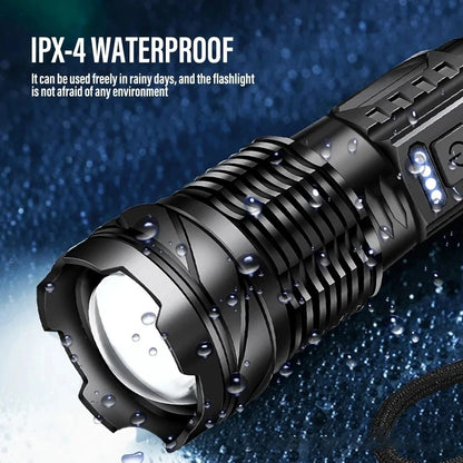 Powerful LED Flashlight With Side Light USB Rechargeable Zoom Camping Lantern 3
