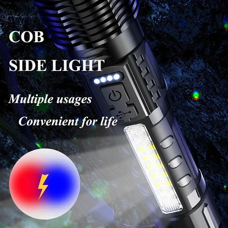 Powerful LED Flashlight With Side Light USB Rechargeable Zoom Camping Lantern 5