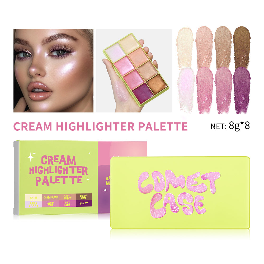 Case Cream Palette Set Makeup 8 Colors, Waterproof Cosmetics Highlighter Blush, Shimmer Shadow, Highlight Face Brighten