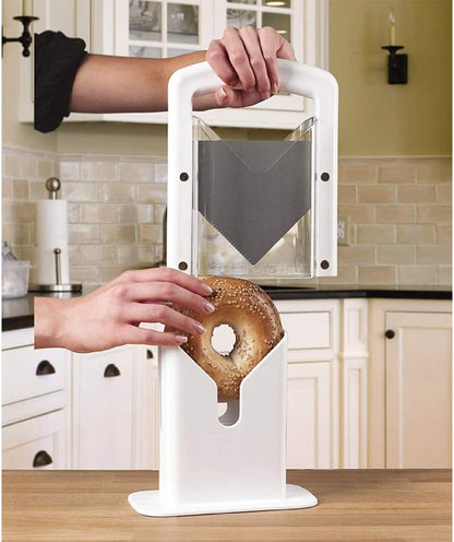 Manual Precision Bagel Cutter with Safety Shield, White 9.25 Inch Kitchen Tool, Cleanly Slices Bagels and More