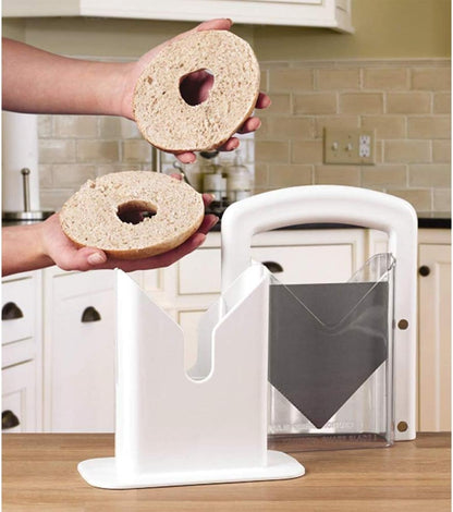 Manual Precision Bagel Cutter with Safety Shield, White 9.25 Inch Kitchen Tool, Cleanly Slices Bagels and More