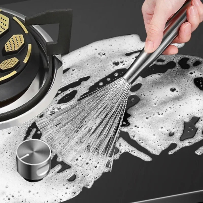 Stainless Steel Kitchen Brush Long Handle Scrubber, Anti Rust Utensil Cleaner, Heavy Duty Pot Cleaning Tool