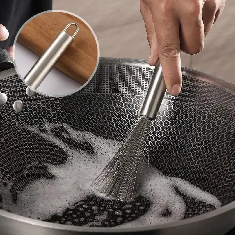Stainless Steel Kitchen Brush Long Handle Scrubber, Anti Rust Utensil Cleaner, Heavy Duty Pot Cleaning Tool