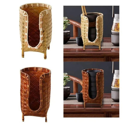 Handmade Bamboo Woven Cup Holder Rack, Retro Tea Cup Storage Basket, Space-Saving Japanese Style Paper Cup Dispenser