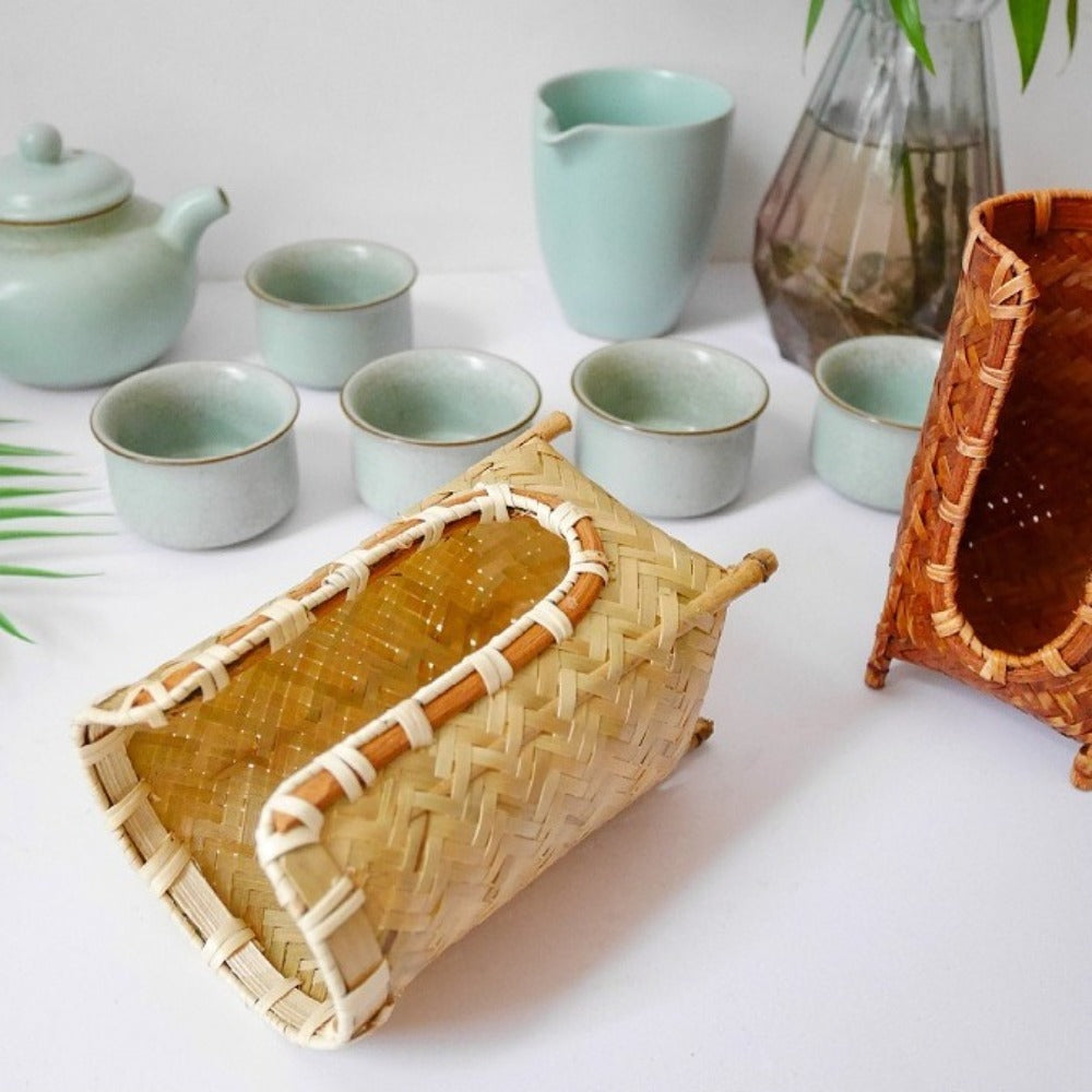 Handmade Bamboo Woven Cup Holder Rack, Retro Tea Cup Storage Basket, Space-Saving Japanese Style Paper Cup Dispenser