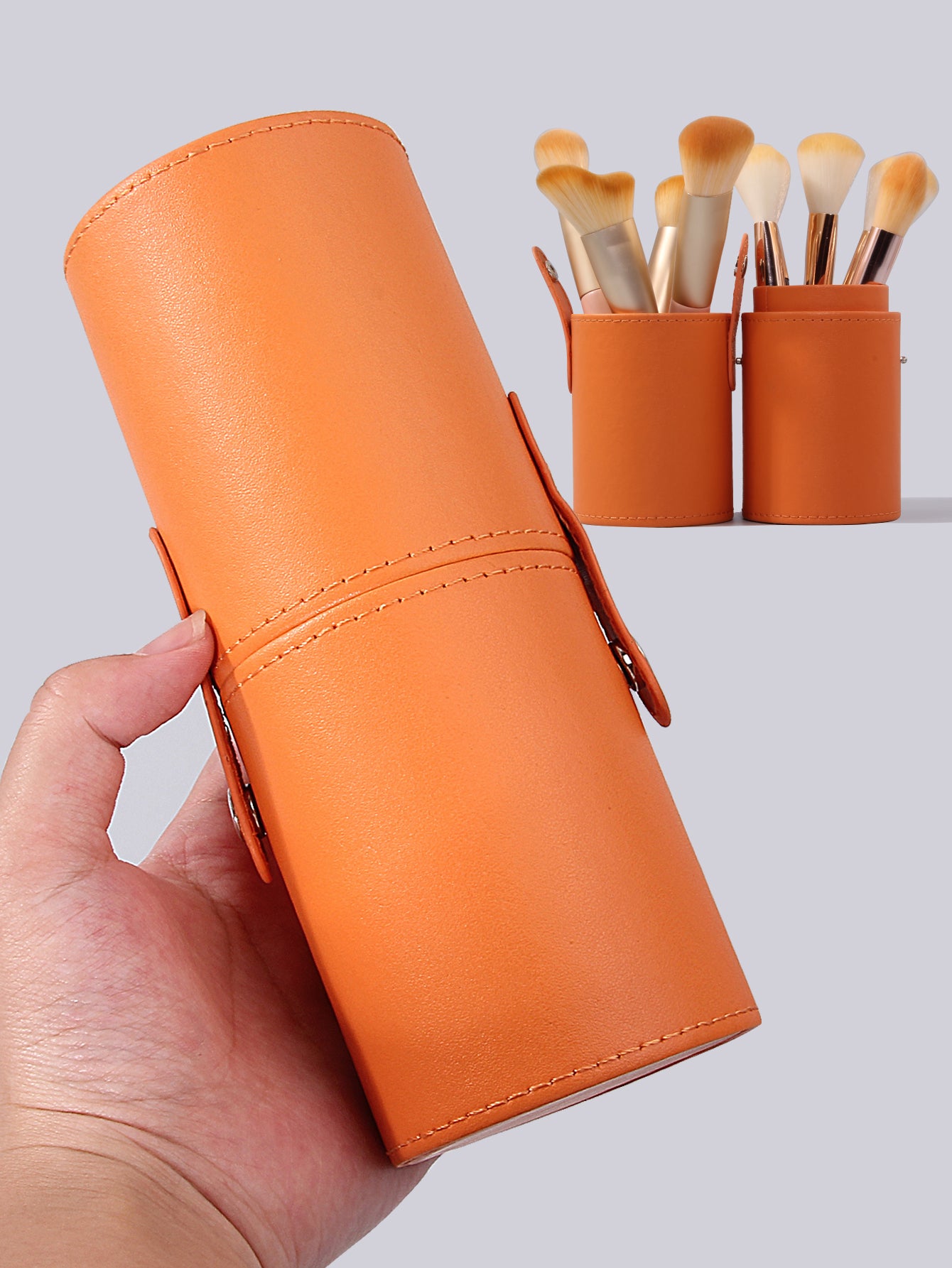 Luxury High-End Orange Makeup Brush Storage Bucket, Premium Leather Makeup Bucket for Travel, Large Capacity Beauty Tool