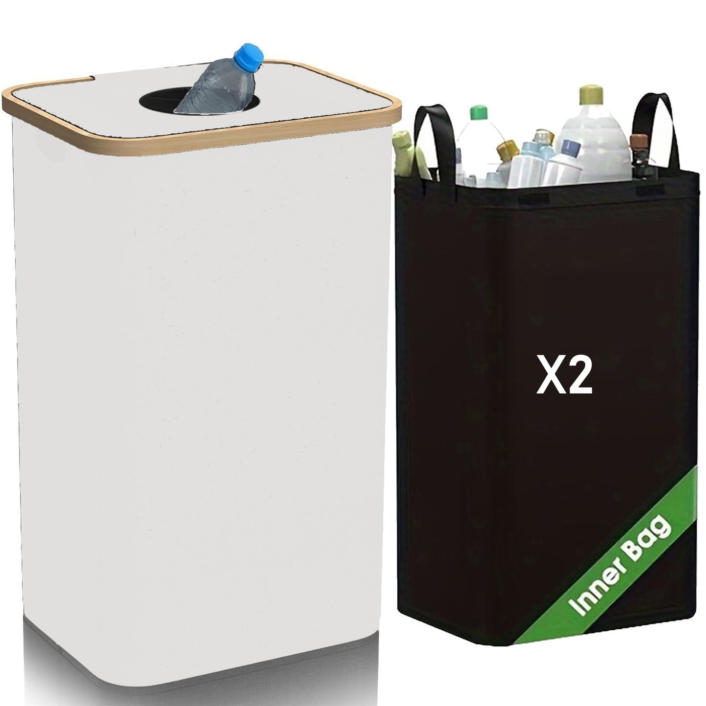 100L Bottle Storage Basket Recycling Bin with 2pcs Waterproof Lid, Removable Bag, Ideal for Plastic, Glass, Can Bottle