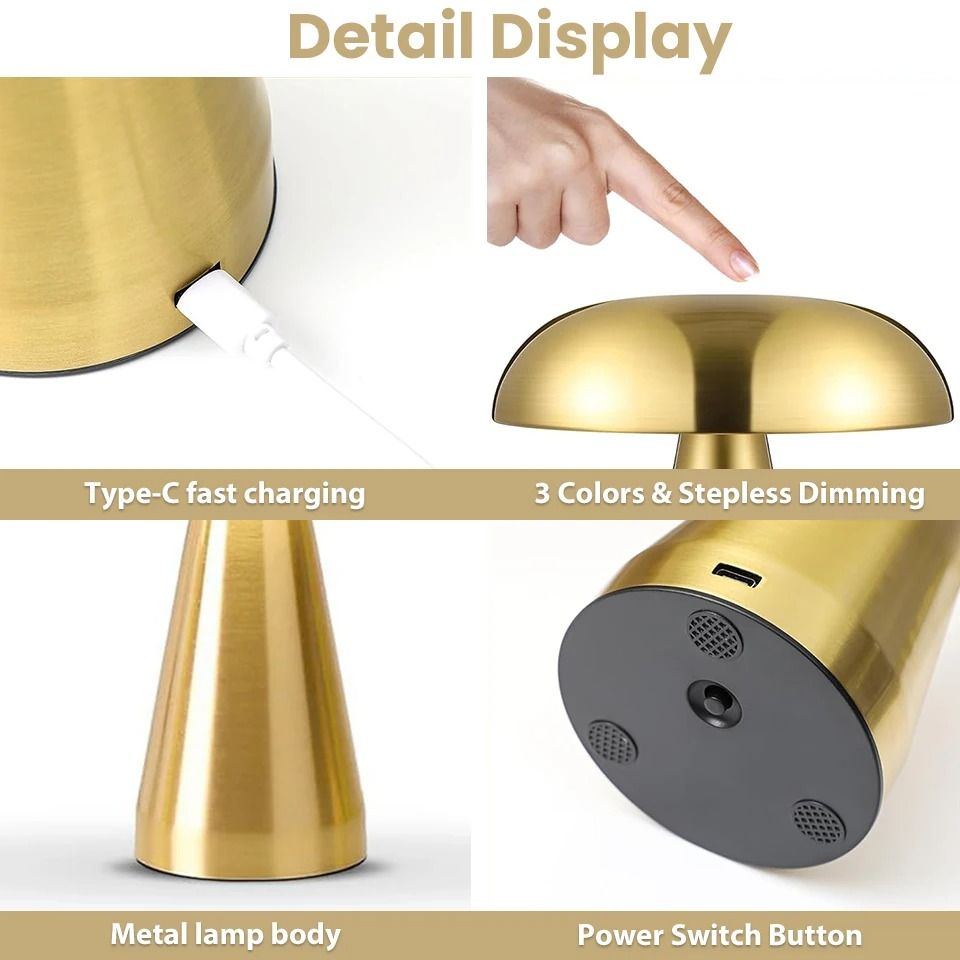 Retro Mushroom LED Night Lamp Rechargeable Touch Sensor Desk Reading Light 5