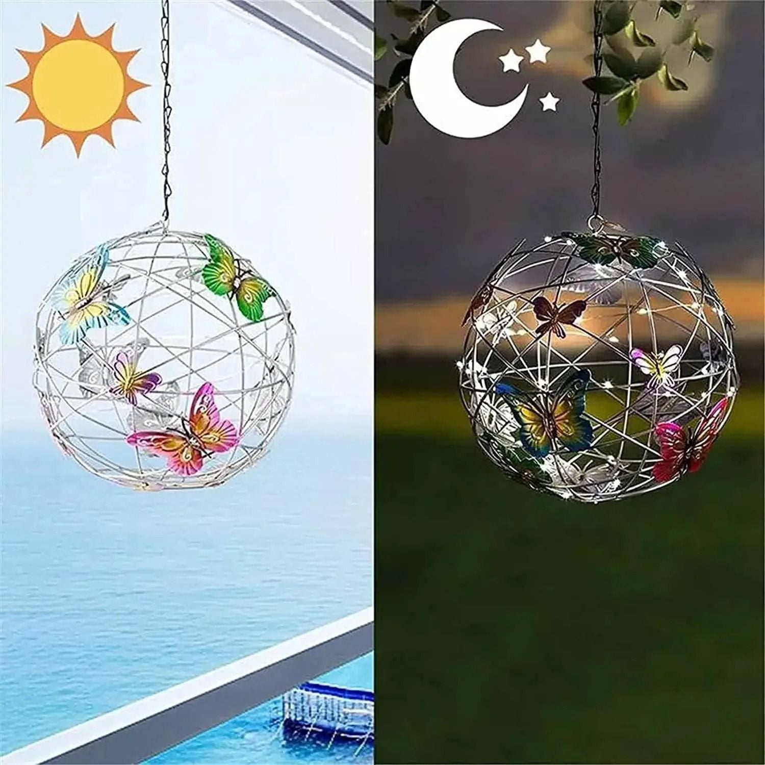Solar Butterfly Ball Hanging Light Decorative LED Outdoor Garden Lamp Waterproof 2
