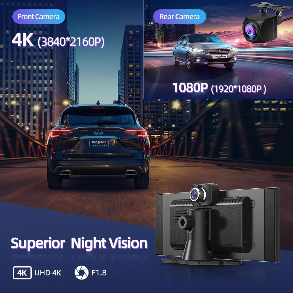 Imagebon H70K 114 Inch 4K Dash Cam With Wireless Carplay Android Auto Dual Recording GPS Night Visi 3