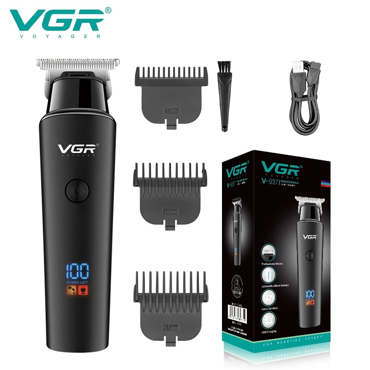 VGR V937 Professional Hair Trimmer Cordless Clipper with LED Display and Rechargeable Battery