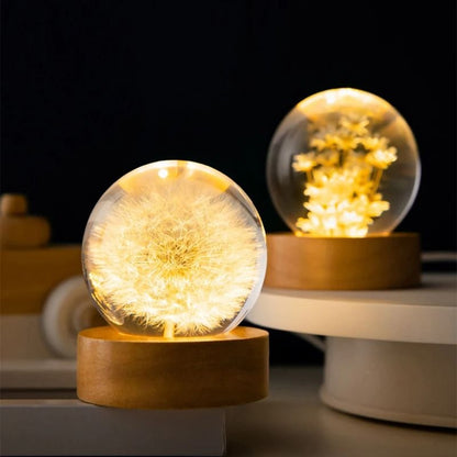 3D Dandelion Crystal Ball with Wood Stand Luminous Flower Sphere