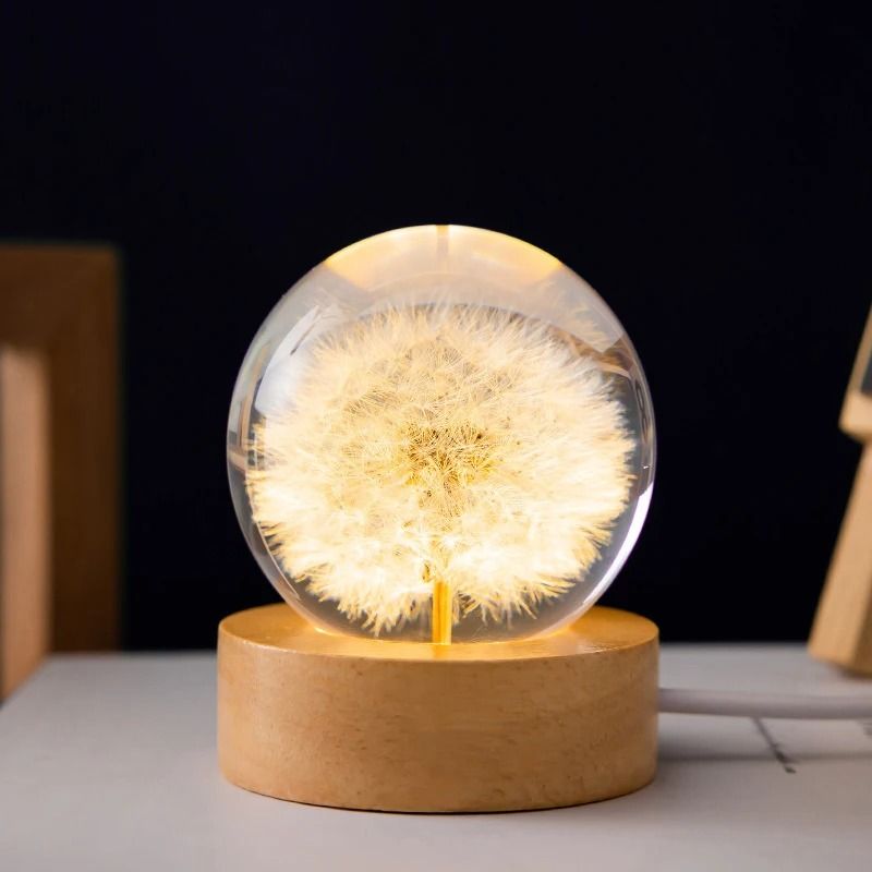 3D Dandelion Crystal Ball With Wood Stand Luminous Flower Sphere 2