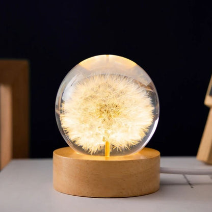 3D Dandelion Crystal Ball With Wood Stand Luminous Flower Sphere 2