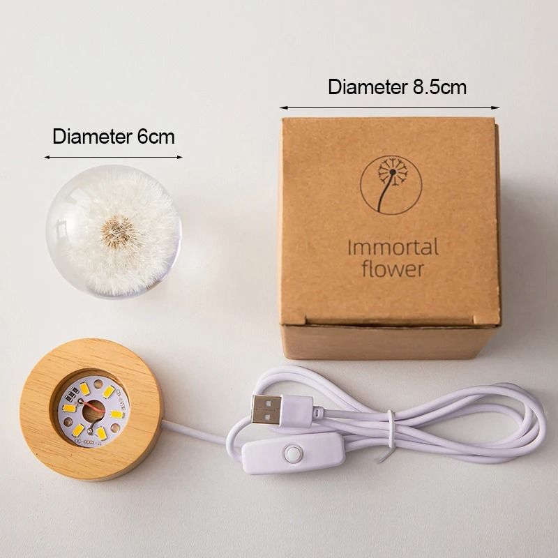 3D Dandelion Crystal Ball With Wood Stand Luminous Flower Sphere 5