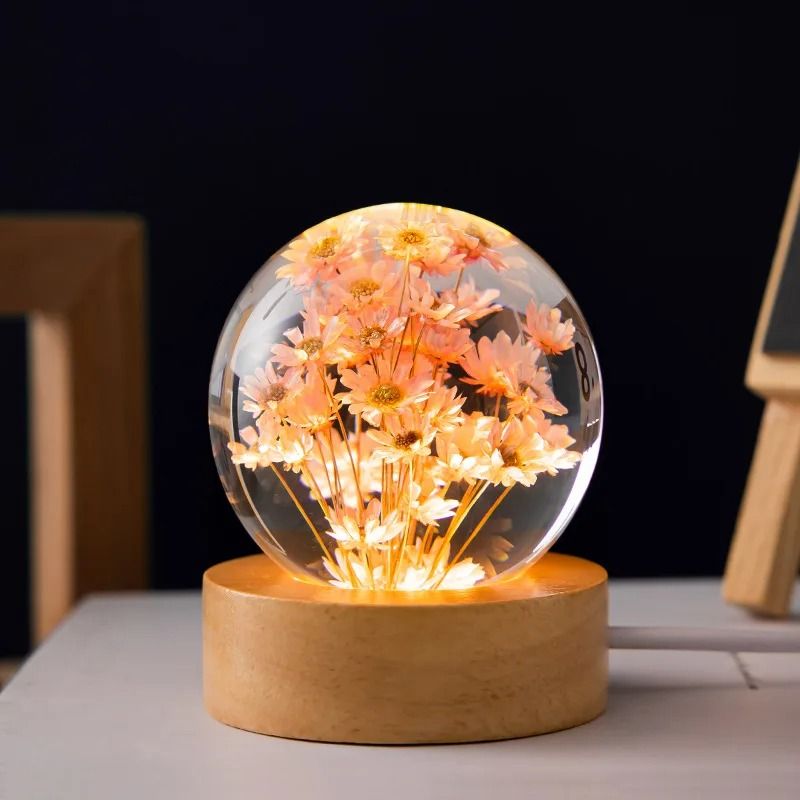 3D Dandelion Crystal Ball With Wood Stand Luminous Flower Sphere 6