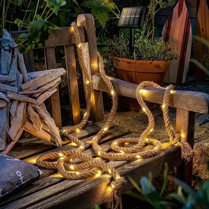 Retro Hemp Rope Solar String Light 7 Meter 50 LED Outdoor Garden Patio Decorative Lamp 2
