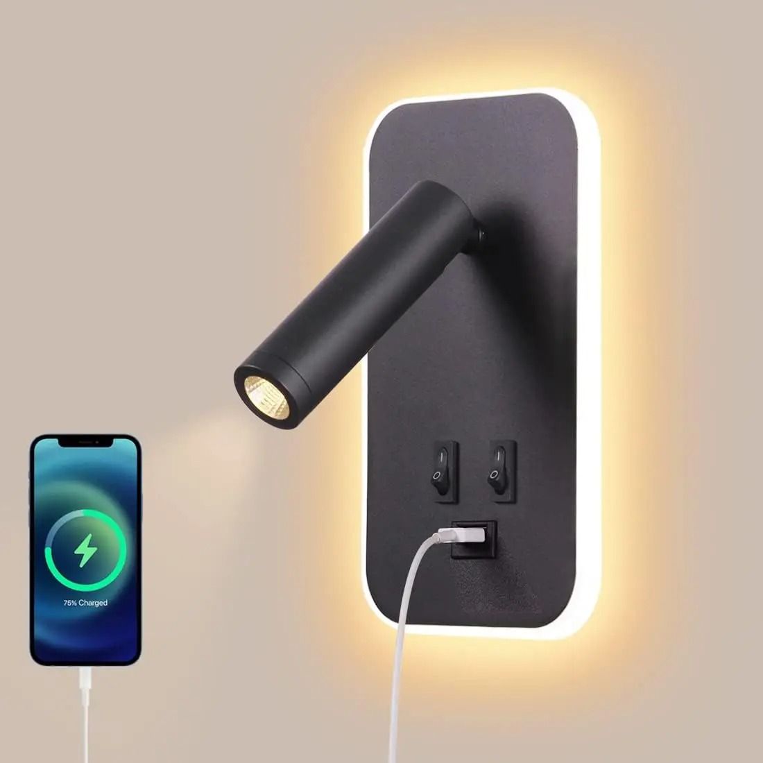 Wall-Mounted Bedside LED Reading Light with USB Charging Port and Adjustable Spotlight
