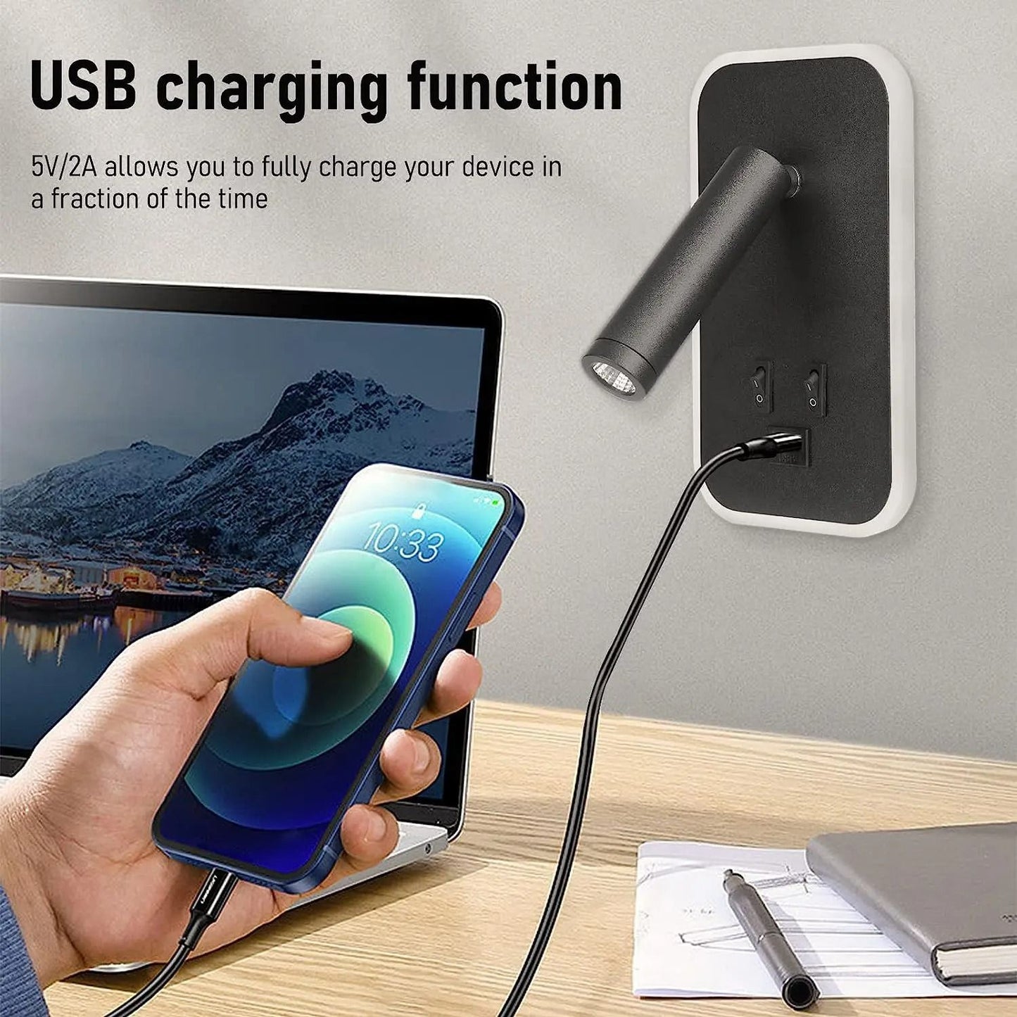WallMounted Bedside LED Reading Light With USB Charging Port And Adjustable Spotlight 2