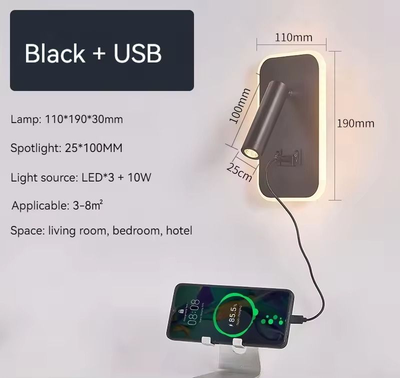 WallMounted Bedside LED Reading Light With USB Charging Port And Adjustable Spotlight 8