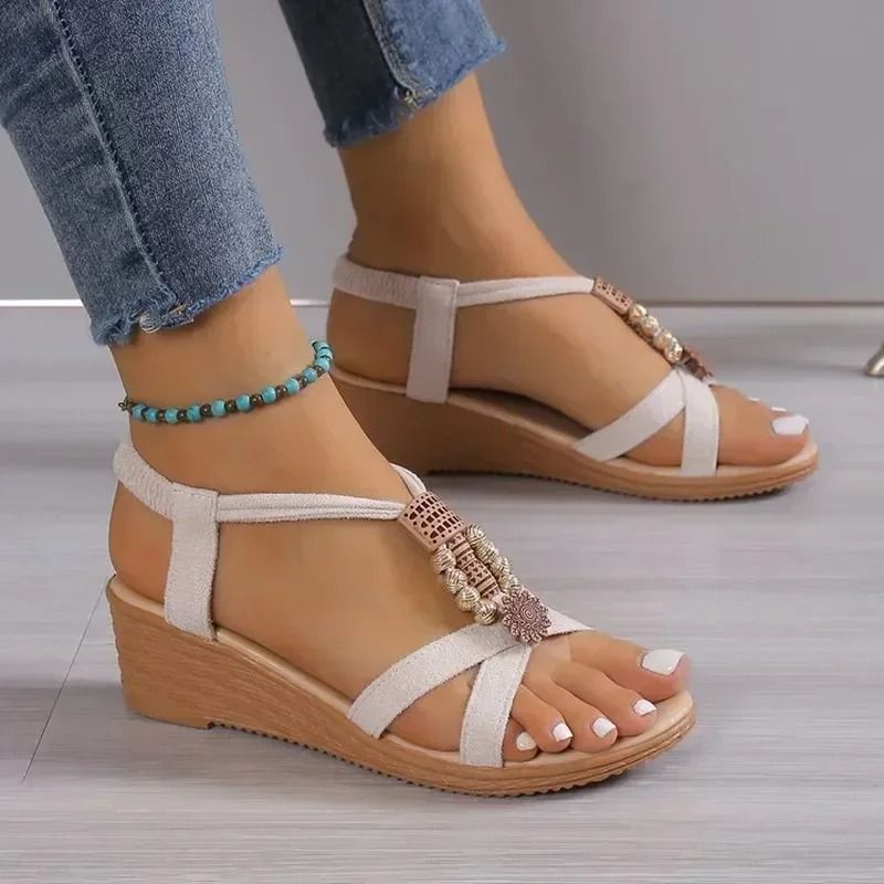 Round Toe Wedge Heel Sandals With Metal Accent For Casual Comfort 1