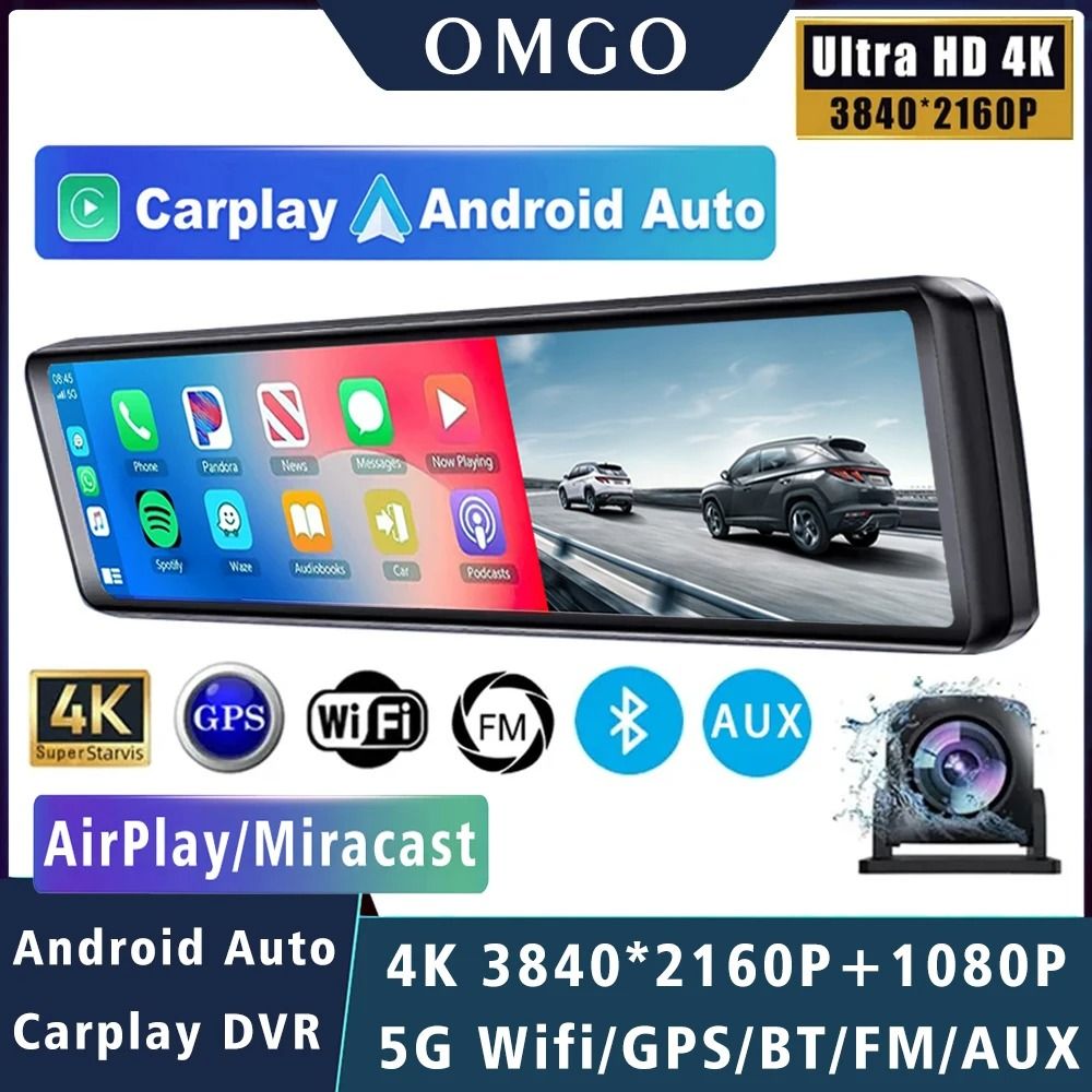 1126 Inch 4K Car DVR with Carplay Android Auto GPS WiFi Bluetooth Mirror Dash Cam