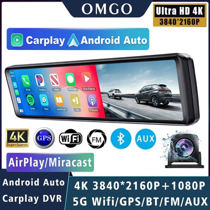 1126 Inch 4K Car DVR with Carplay Android Auto GPS WiFi Bluetooth Mirror Dash Cam