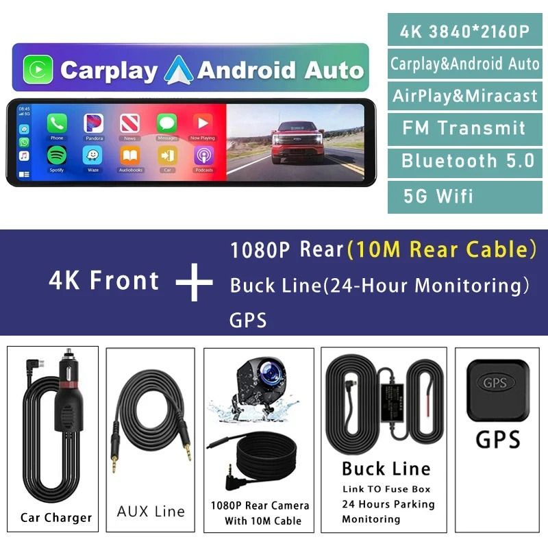 1126 Inch 4K Car DVR With Carplay Android Auto GPS WiFi Bluetooth Mirror Dash Cam 10