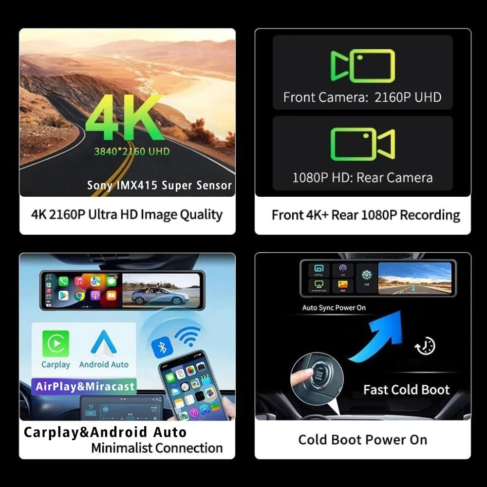 1126 Inch 4K Car DVR With Carplay Android Auto GPS WiFi Bluetooth Mirror Dash Cam 2