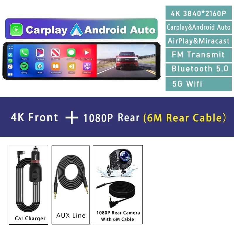 1126 Inch 4K Car DVR With Carplay Android Auto GPS WiFi Bluetooth Mirror Dash Cam 7