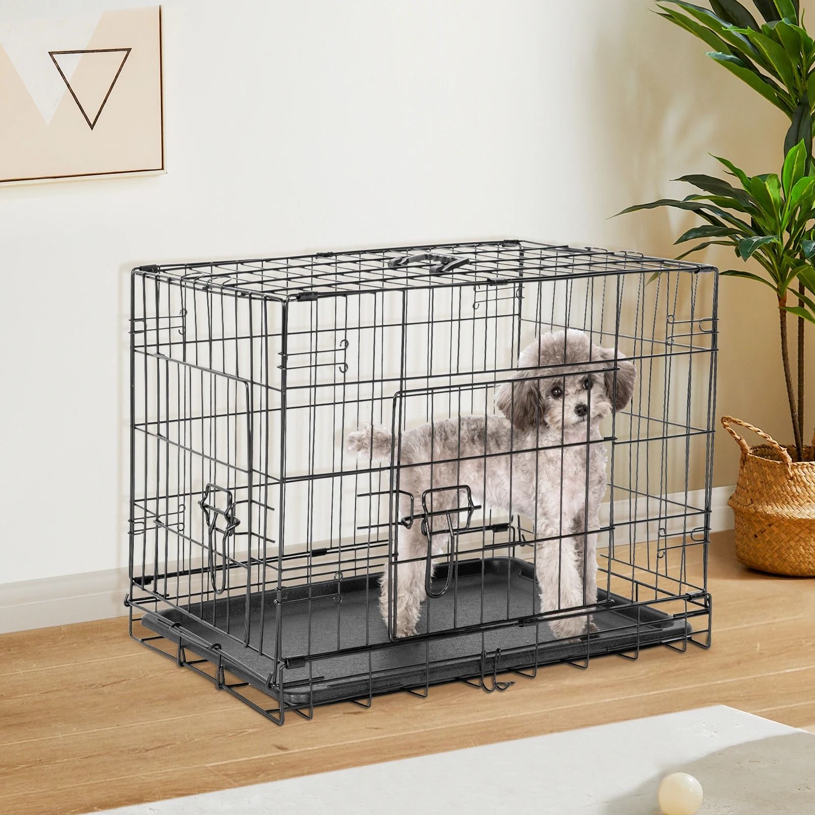 Double Door Folding Metal Dog Cage with Leak-Proof Tray for Indoor and Outdoor Use