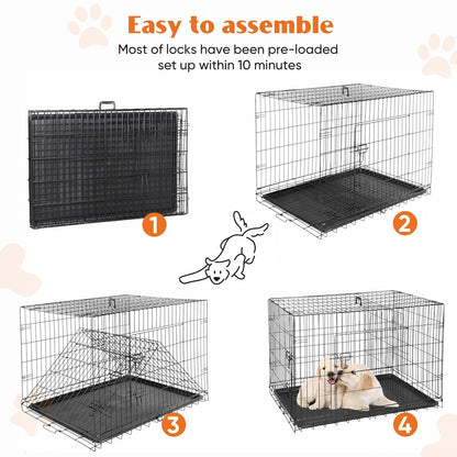 Double Door Folding Metal Dog Cage With LeakProof Tray For Indoor And Outdoor Use 4