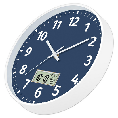 Silent Non Ticking Battery Operated Round Digital Wall Clock, Time Day of Week and Temperature Display, Easy to Read