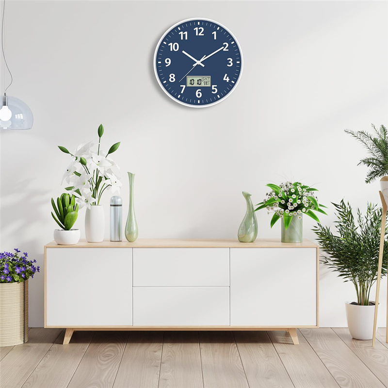 Silent Non Ticking Battery Operated Round Digital Wall Clock, Time Day of Week and Temperature Display, Easy to Read