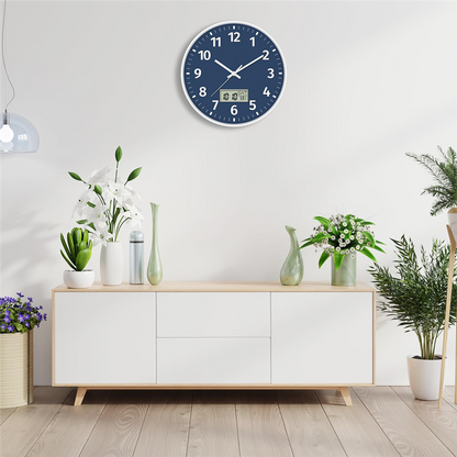 Silent Non Ticking Battery Operated Round Digital Wall Clock, Time Day of Week and Temperature Display, Easy to Read