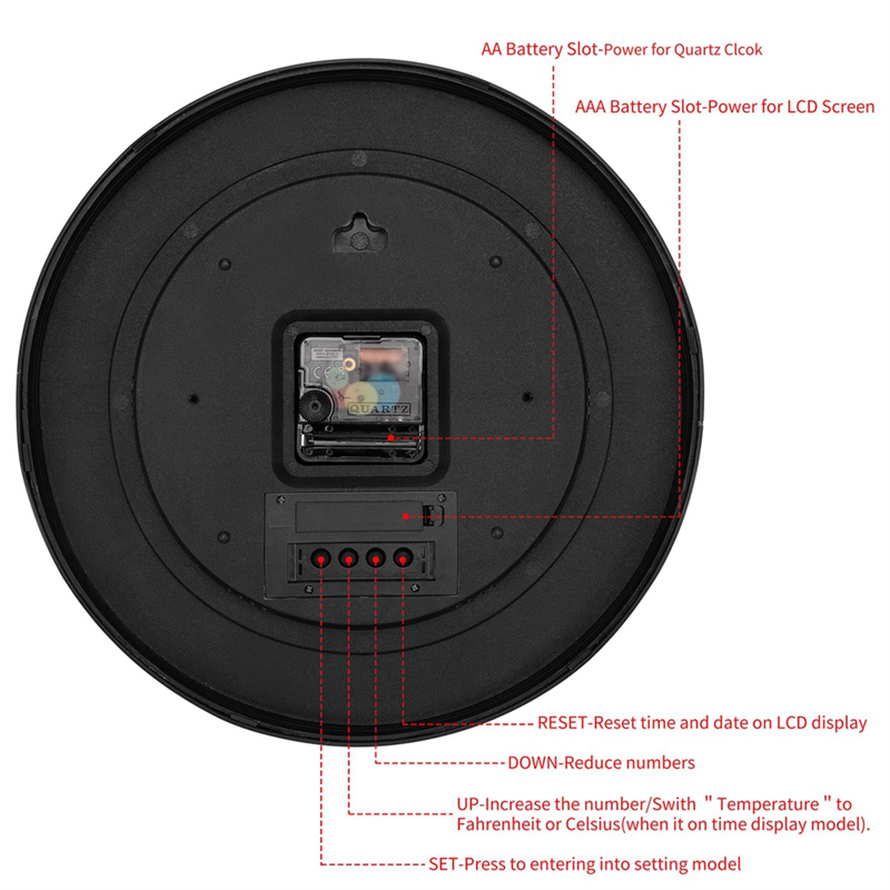Silent Non Ticking Battery Operated Round Digital Wall Clock, Time Day of Week and Temperature Display, Easy to Read