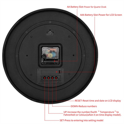 Silent Non Ticking Battery Operated Round Digital Wall Clock, Time Day of Week and Temperature Display, Easy to Read