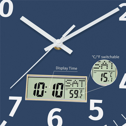 Silent Non Ticking Battery Operated Round Digital Wall Clock, Time Day of Week and Temperature Display, Easy to Read