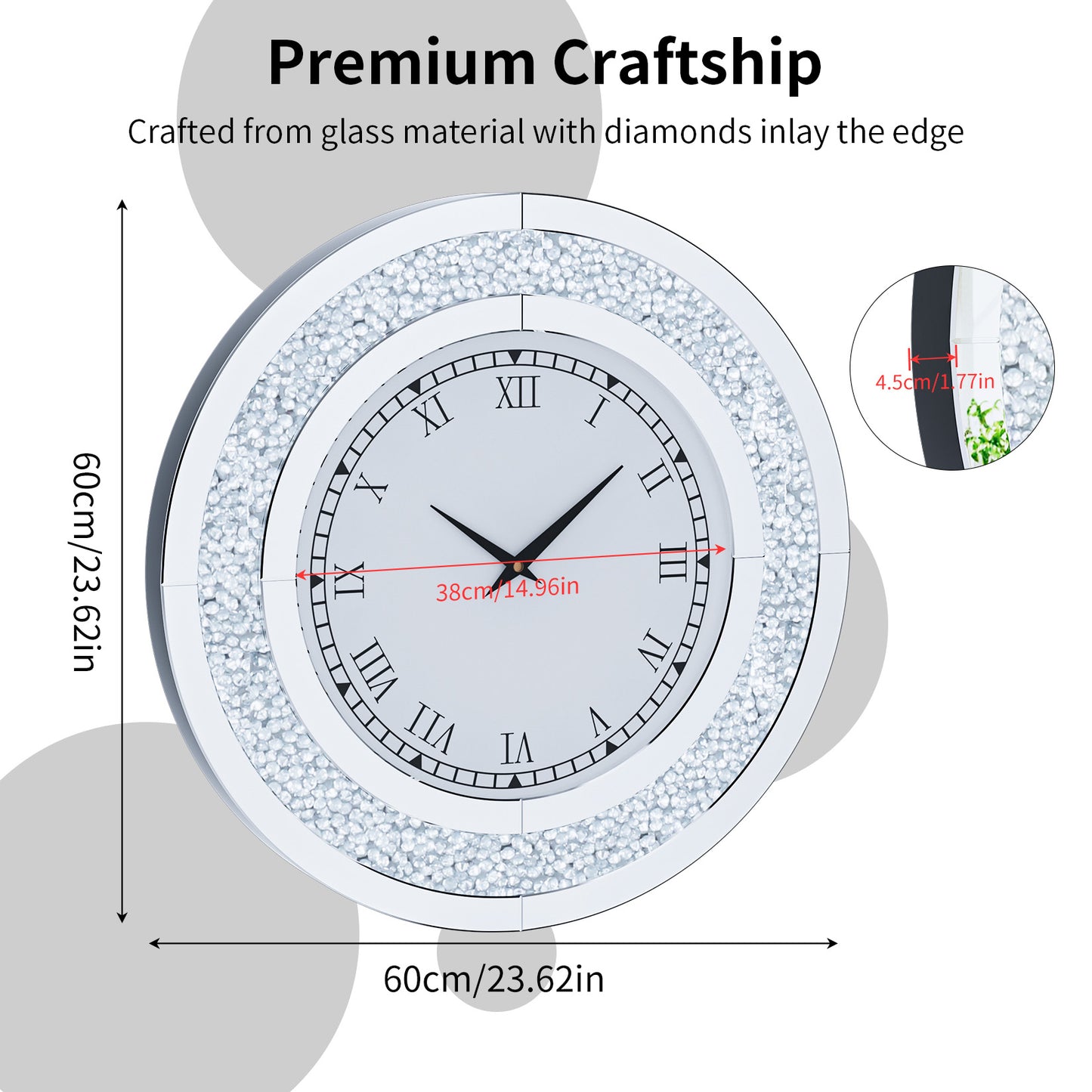 Crystal Sparkle Bling Diamond Wall Clock, Silver Tawny Tinted Round Mirror, Large Luxury Living Room Decorative Clock